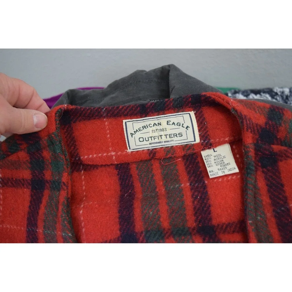 American Eagle Plaid Wool Vest Large Red Button Front Vintage Mens Y2K Buffalo